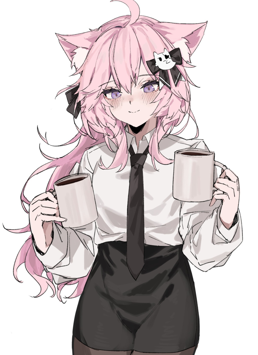 1girl ahoge alternate_costume animal_ear_fluff animal_ears aogisa bangs black_bow black_eyepatch black_neckwear black_skirt blush bow cat_ears cat_girl cat_hair_ornament cat_ornament coffee_mug collared_shirt commission cup english_commentary eyebrows_visible_through_hair eyepatch hair_between_eyes hair_ornament highres holding holding_cup long_hair long_sleeves looking_at_viewer loose_clothes loose_shirt mug necktie nyatasha_nyanners pantyhose pink_hair second-party_source shirt shirt_tucked_in skeb_commission skirt smile solo violet_eyes virtual_youtuber vshojo
