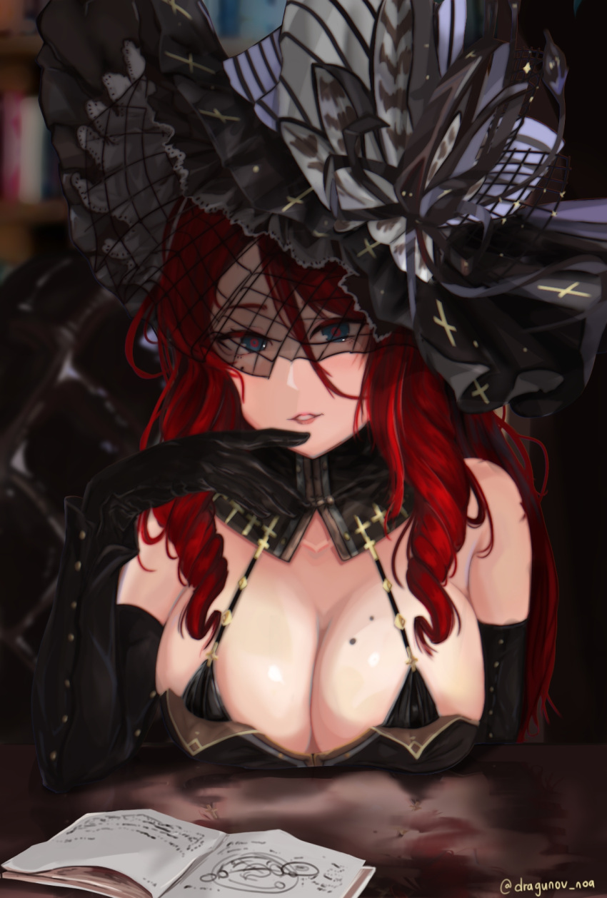 artist_name black_dress black_headwear book bookshelf breasts cross dragunov_noa dress elbow_gloves fishnet_fabric gloves hat hat_ribbon highres long_hair looking_at_viewer mole mole_on_breast mole_under_eye motemote_maou_no_isekai_boukenroku paris_(motemote_maou) redhead ribbon table twitter_username witch witch_hat