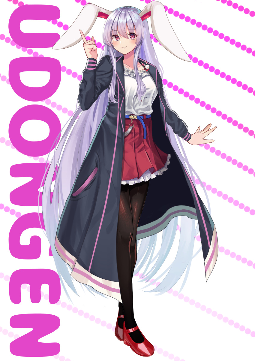 1girl \||/ absurdres afueeriru alternate_costume animal_ears bangs belt black_coat black_legwear blue_belt blush breasts bunny_pin character_name coat collarbone dotted_background eyebrows_visible_through_hair finger_gun frilled_shirt_collar frilled_skirt frills full_body hair_between_eyes highres large_breasts light_purple_hair long_hair long_sleeves looking_at_viewer mary_janes miniskirt off-shoulder_shirt off_shoulder pleated_skirt pocket rabbit_ears red_eyes red_footwear red_skirt reisen_udongein_inaba shirt shoes skirt smile solo standing touhou typo white_background white_shirt