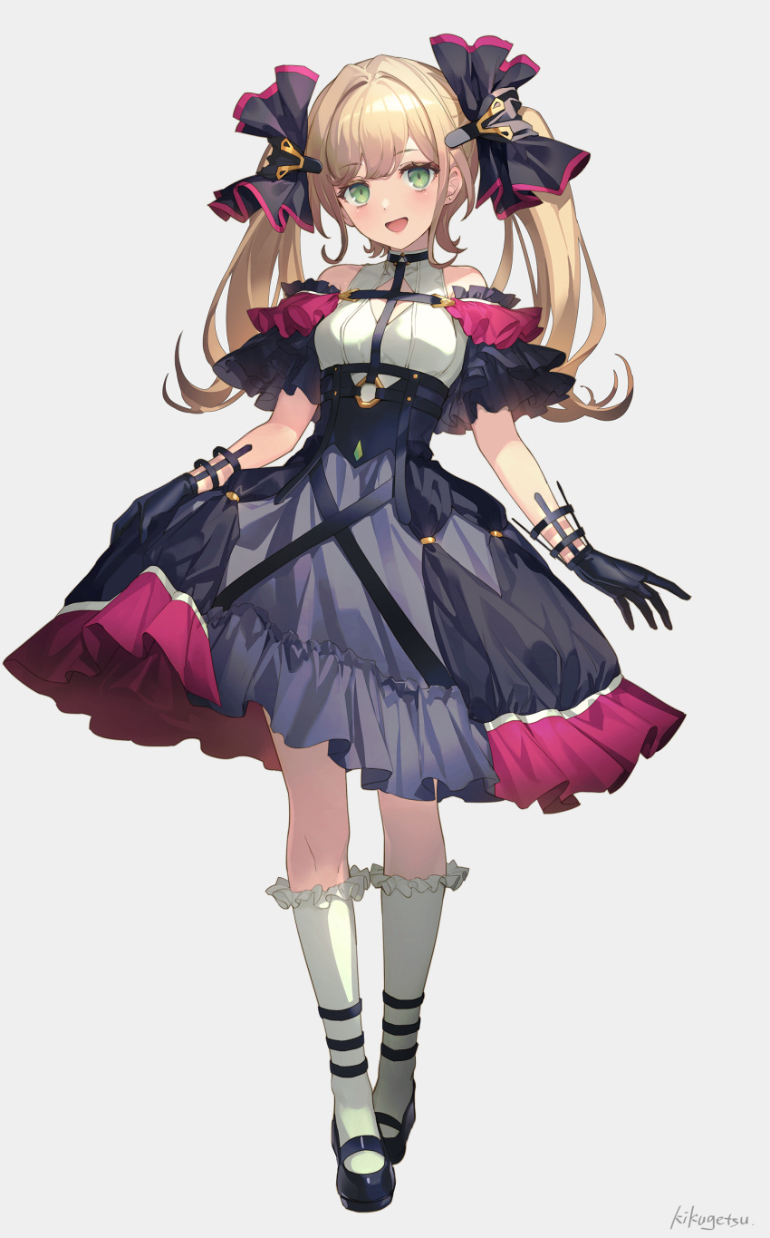 1girl :d absurdres bangs bare_shoulders black_bow black_footwear black_gloves black_skirt blonde_hair bow breasts commentary_request eyebrows_visible_through_hair frilled_legwear frilled_skirt frills full_body gloves green_eyes grey_background hair_bow hair_ornament hairclip highres kikugetsu kneehighs long_hair looking_at_viewer mary_janes medium_breasts o-ring open_mouth original shirt shoes signature simple_background skirt skirt_hold sleeveless sleeveless_shirt smile solo twintails white_legwear white_shirt
