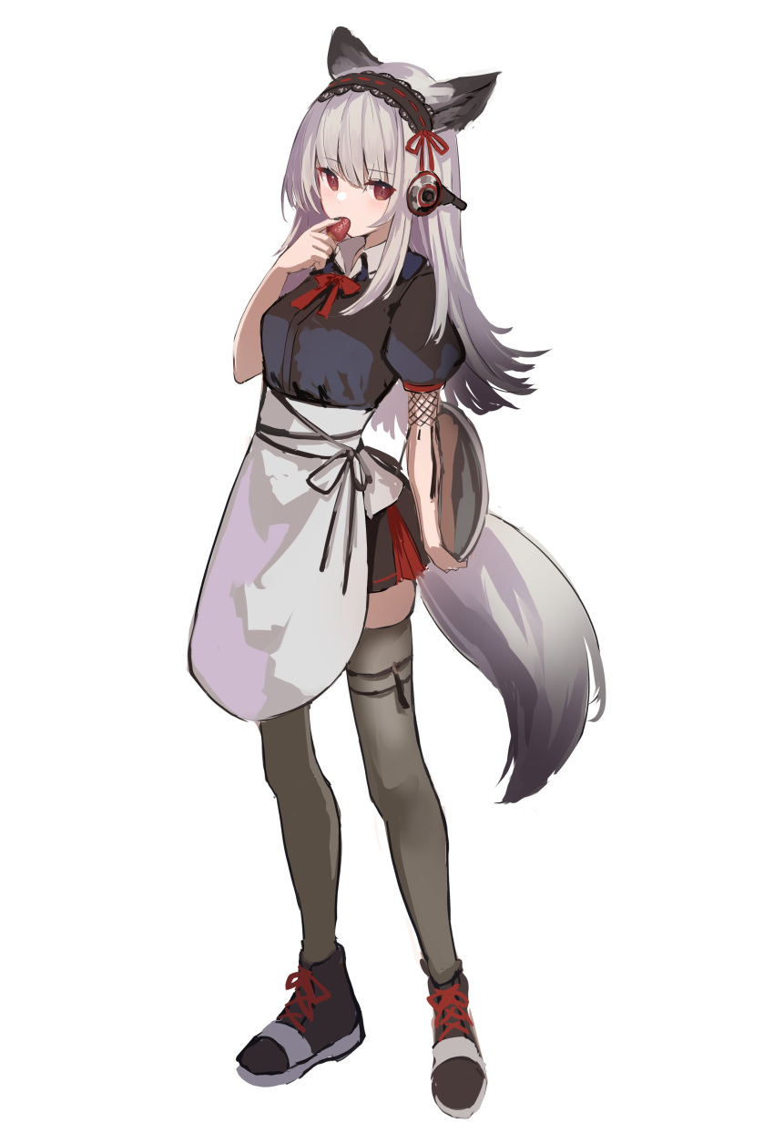 1girl absurdres animal_ears apron arknights black_hair eating food fox_ears fox_girl fox_tail frostleaf_(arknights) fruit full_body gradient_hair grey_hair headphones highres holding holding_food holding_fruit holding_tray long_hair multicolored_hair official_alternate_costume puffy_short_sleeves puffy_sleeves red_eyes shoa_tksm shoes short_sleeves skindentation skirt solo strawberry tail thigh-highs tray white_background