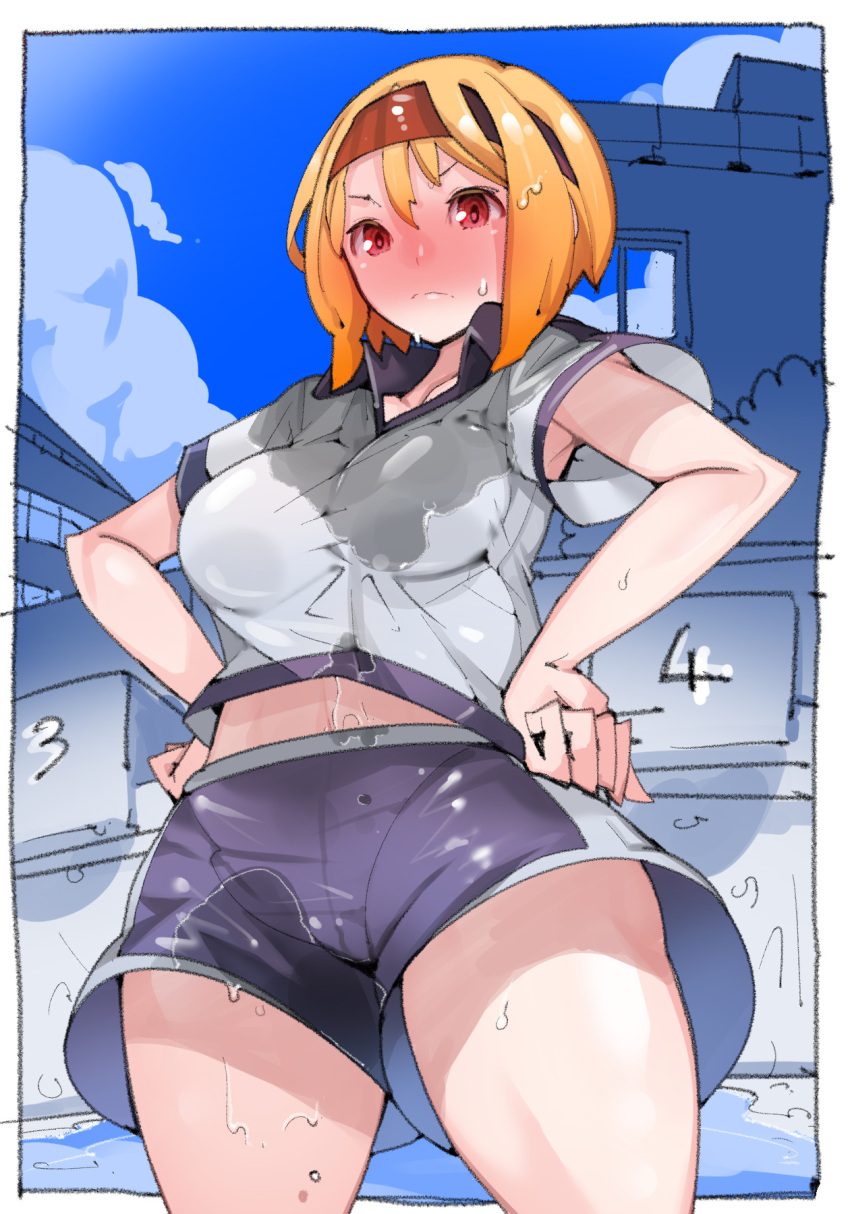 1girl armpits blonde_hair blue_sky blush copyright_request empty_pool gym_uniform hairband hands_on_hips highres midriff_peek original pool sky starting_block takayama_toshinori thick_thighs thighs toned wet wet_clothes