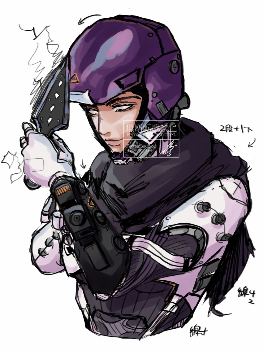 1girl apex_legends armor black_scarf grey_eyes helmet highres holding holding_knife knife kunai looking_down power_armor scarf science_fiction smile solo twitter_username ukiyo_okashi upper_body voidwalker_wraith watermark weapon white_background wraith's_kunai wraith_(apex_legends)