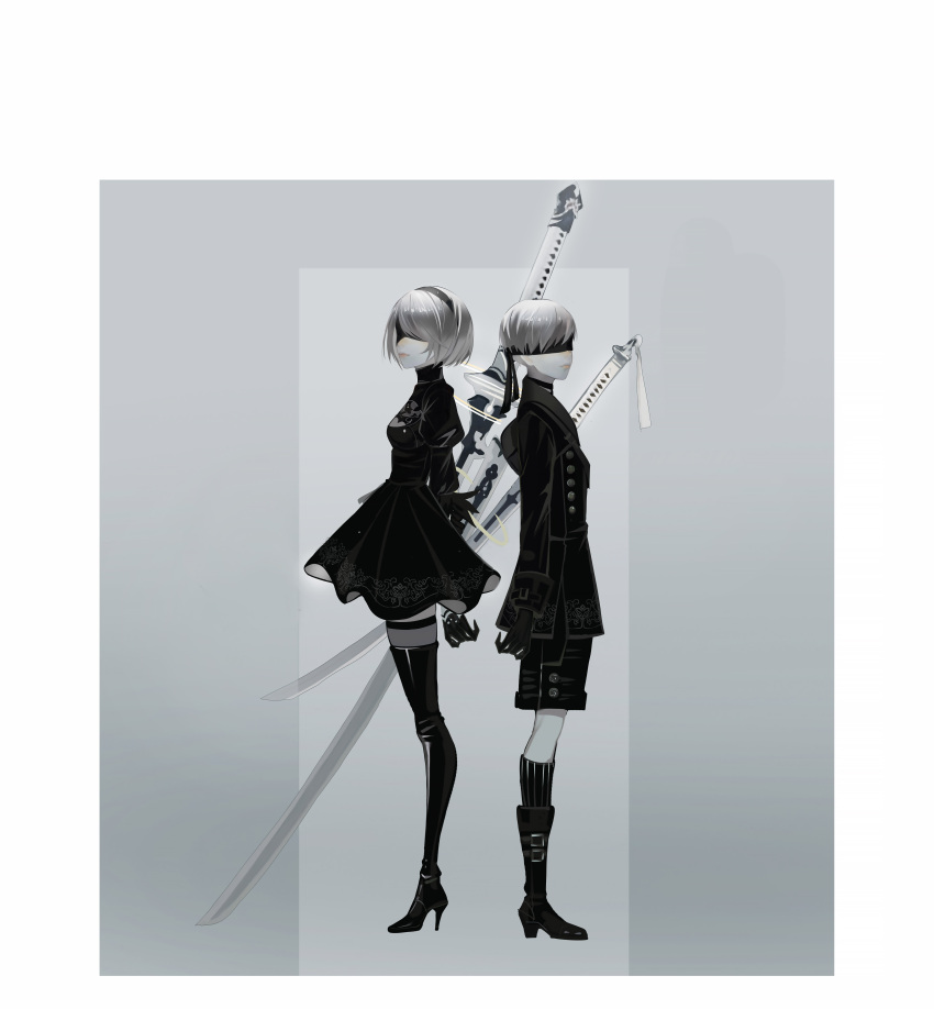 1boy 1girl absurdres black_dress black_footwear black_legwear black_shorts blindfold boots dress greyscale high_heels highres monochrome nier_(series) nier_automata shan_gui_yu_yao short_hair shorts socks sword thigh-highs weapon white_hair wide_shot yorha_no._2_type_b yorha_no._9_type_s