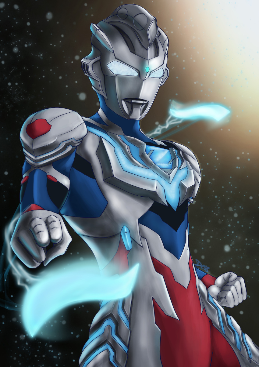1boy absurdres armor black_background clenched_hand color_timer dess_ian_1 fighting_stance forehead_jewel glowing glowing_weapon highres hip_armor lightning male_focus outstretched_arm shoulder_armor shoulder_pads starry_background tagme tokusatsu ultra_series ultraman_z ultraman_z_(series) weapon white_eyes