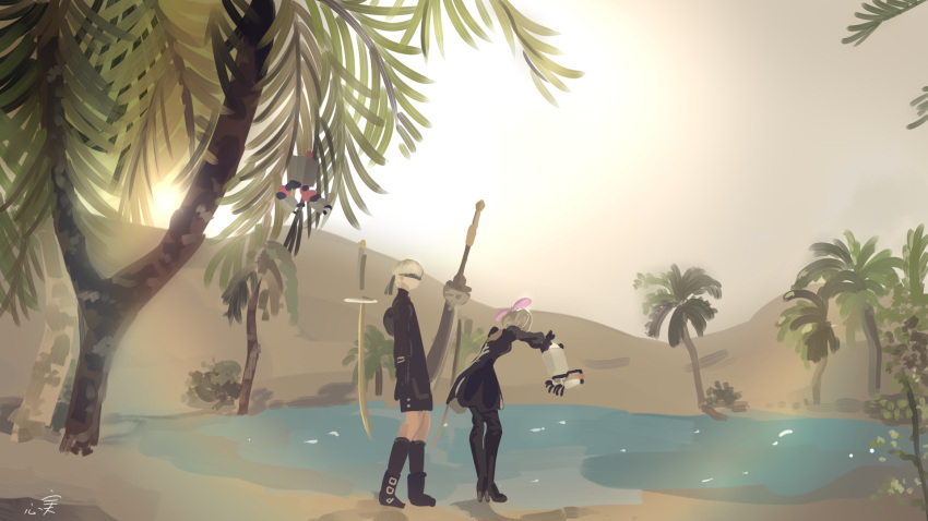 1boy 1girl back_cutout black_blindfold black_dress black_footwear black_legwear blindfold boots bow clothing_cutout cruel_oath desert dress hair_bow highres kneehighs kokomi_(aniesuakkaman) nier_(series) nier_automata oasis pink_bow pod_(nier_automata) short_hair signature sword thigh-highs thigh_boots tree weapon white_hair yorha_no._2_type_b yorha_no._9_type_s