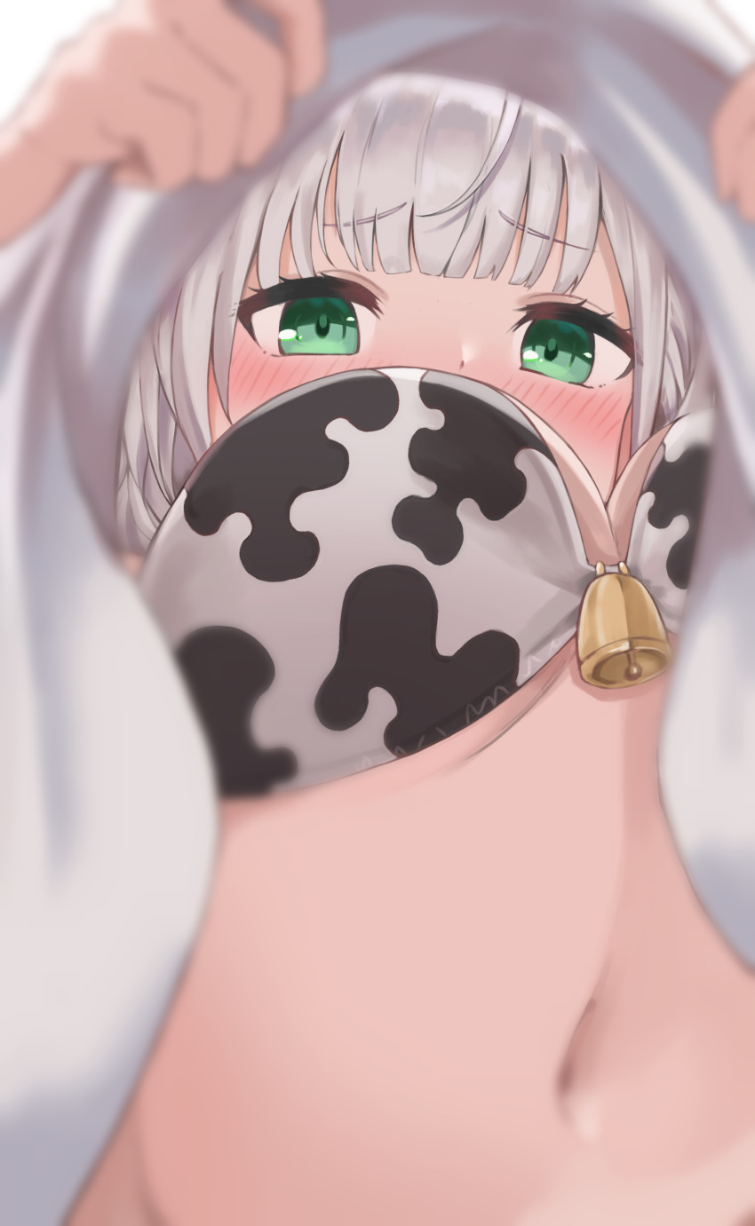 1girl absurdres animal_print ayama_nano bangs bell blurry blurry_foreground blush bra breasts clothes_lift commentary_request cow_print depth_of_field eyebrows_visible_through_hair from_below green_eyes highres hololive large_breasts lifted_by_self looking_at_viewer looking_down navel print_bra shirogane_noel shirt shirt_lift silver_hair solo underwear upshirt virtual_youtuber white_bra white_shirt
