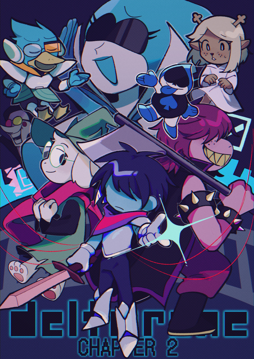 1other 3girls 4boys absurdres antlers axe beak berdly_(deltarune) blue_skin colored_skin copyright_name covered_horns deer_girl deltarune dice32ki freckles hat highres kris_(deltarune) lancer_(deltarune) looking_at_viewer multiple_boys multiple_girls noelle_holiday ojou-sama_pose pointing queen_(deltarune) ralsei scouter smile spamton_g._spamton susie_(deltarune) sword tinted_eyewear tongue tongue_out weapon wizard_hat