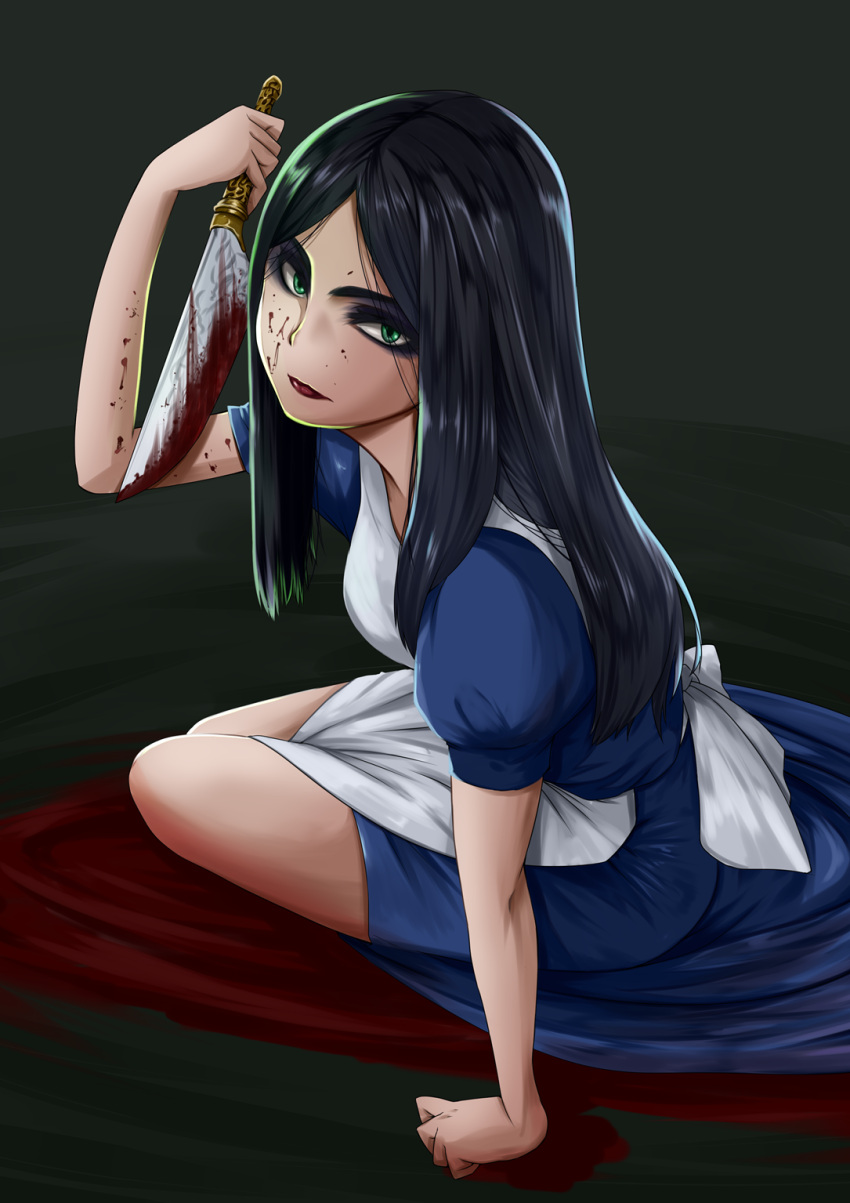 1girl alice:_madness_returns alice_(alice_in_wonderland) american_mcgee's_alice apron black_hair blood closed_mouth dress green_eyes highres knife lipstick long_hair looking_at_viewer makeup pikolos solo