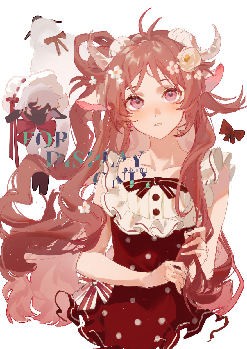 1girl 9degree absurdres alternate_costume animal animal_ears antenna_hair arknights bow bowtie brown_hair commentary cropped_torso dress eyjafjalla_(arknights) flower hair_flower hair_ornament highres horns long_hair looking_at_viewer parted_lips pink_eyes red_dress red_neckwear sheep sheep_ears sheep_girl sheep_horns simple_background solo straight-on symbol-only_commentary upper_body white_background white_flower