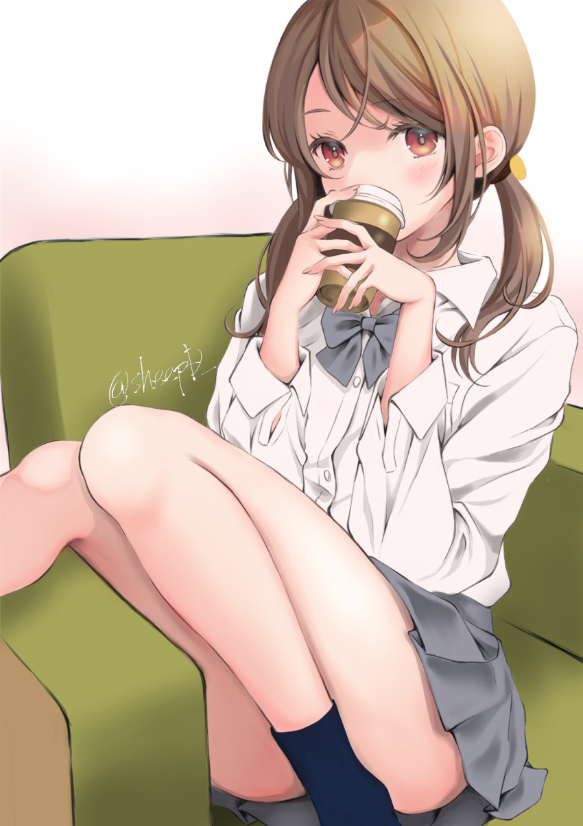 1girl armchair bangs black_legwear blush bow brown_eyes brown_hair chair coffee_cup collared_shirt commentary_request covered_mouth cup disposable_cup dress_shirt eyebrows_visible_through_hair feet_out_of_frame grey_bow grey_skirt highres holding holding_cup knees_together_feet_apart looking_at_viewer low_twintails on_chair original pleated_skirt school_uniform sheepd shirt skirt socks solo twintails twitter_username white_background white_shirt