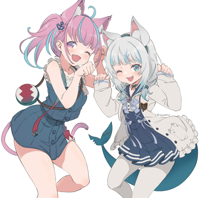 2girls ;d ahoge anchor_hair_ornament animal_ear_fluff animal_ears bag bangs blue_bow blue_dress blue_eyes blue_hair blue_hairband blue_nails blue_sailor_collar blue_skirt blush bow cat_ears cat_girl cat_tail commentary cosplay costume_switch dress eyebrows_visible_through_hair fake_animal_ears fang fish_tail frilled_jacket frills gawr_gura gawr_gura_(cosplay) hair_ornament hairband hands_up high-waist_skirt highres hololive hololive_english jacket long_hair long_sleeves looking_at_viewer minato_aqua minato_aqua_(cosplay) multicolored_hair multiple_girls nail_polish one_eye_closed open_clothes open_jacket open_mouth paw_pose pink_hair pleated_skirt sailor_collar shark_tail sharp_teeth shirt shoulder_bag side_ponytail skin_fang skirt sleeves_past_wrists smile streaked_hair tail teeth twitter_username vinhnyu violet_eyes virtual_youtuber white_jacket white_shirt