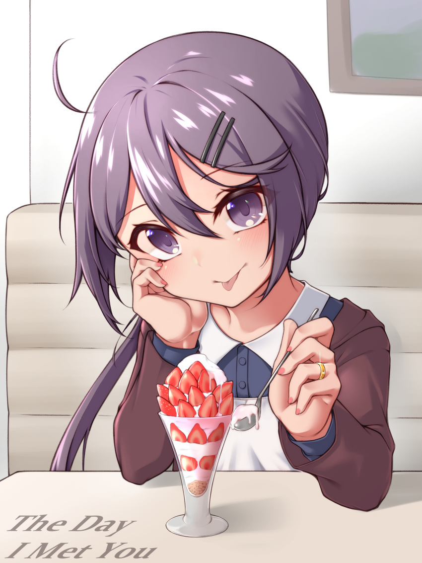 1girl absurdres akebono_(kancolle) hair_ornament hairclip highres holding holding_spoon jewelry kantai_collection long_hair long_sleeves parfait purple_hair ring side_ponytail smile solo spoon tongue tongue_out upper_body very_long_hair violet_eyes wedding_band yuki_to_hana