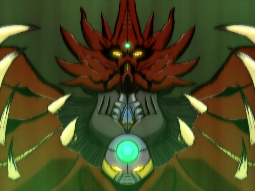 absurdres getter_robo getter_robo_arc getter_saint_dragon glowing glowing_eyes green_background highres horns monster motion_blur motion_lines nagai_(pixiv50195132) no_humans shin_getter_robo solo spikes upper_body yellow_eyes