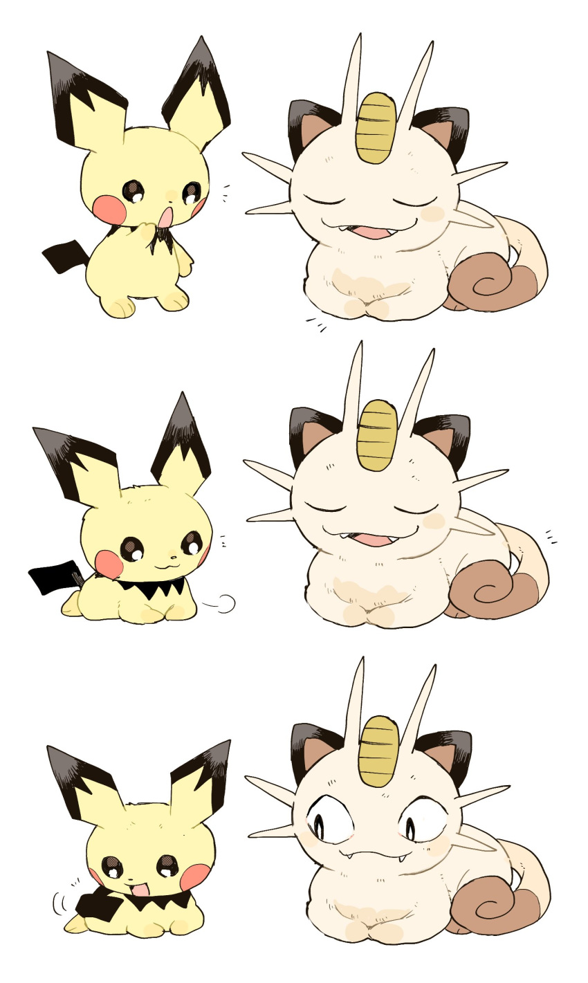 absurdres animal_ears black_eyes cat cat_ears ears fangs highres meowth newo_(shinra-p) no_humans pichu pokemon pokemon_(creature) simple_background tail white_background