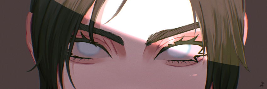 1girl apex_legends bangs black_hair chromatic_aberration close-up eye_focus grey_background highres looking_at_viewer parted_bangs solo ukiyo_okashi white_eyes wraith_(apex_legends)