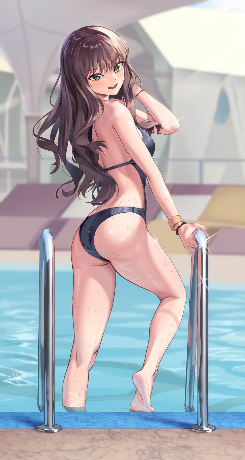 1girl absurdres ass bangs bikini black_swimsuit bracelet breasts brown_hair day from_behind green_eyes gridman_universe hand_in_hair highres jewelry long_hair looking_at_viewer looking_back luts minami_yume open_mouth photo-referenced pool pool_ladder poolside smile soaking_feet ssss.dynazenon swimsuit thighs upper_teeth water wet wet_clothes wet_swimsuit