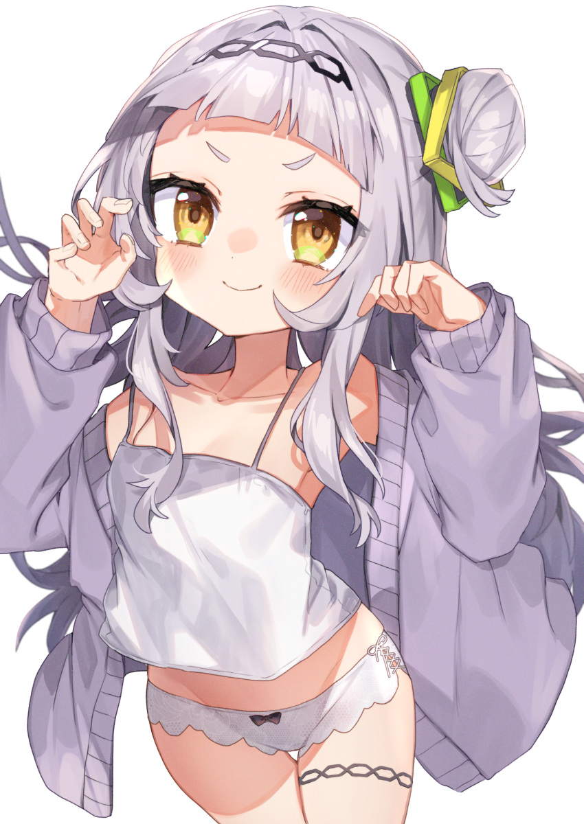 1girl absurdres bangs black_hairband blunt_bangs blush bow bow_panties camisole cardigan closed_mouth commentary_request cowboy_shot grey_cardigan hair_ornament hairband hands_up highres hololive long_hair long_sleeves looking_at_viewer midriff murasaki_shion noi_mine off_shoulder open_cardigan open_clothes panties short_eyebrows side_bun silver_hair simple_background smile solo spaghetti_strap standing thigh_strap underwear v-shaped_eyebrows virtual_youtuber white_background white_panties yellow_eyes