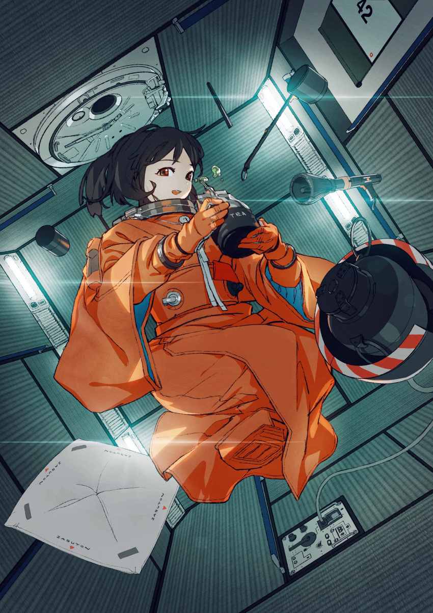 1girl :d absurdres black_hair brown_eyes cushion diffraction_spikes drink drink_pouch drinking flashlight full_body gloves green_tea highres holding holding_drink indoors japanese_clothes kimono ladle lens_flare long_hair match_(type74tk) medium_hair open_mouth orange_gloves orange_kimono original smile solo spacecraft_interior spacesuit tatami tea tea_ceremony thermos wide_sleeves zabuton zero_gravity
