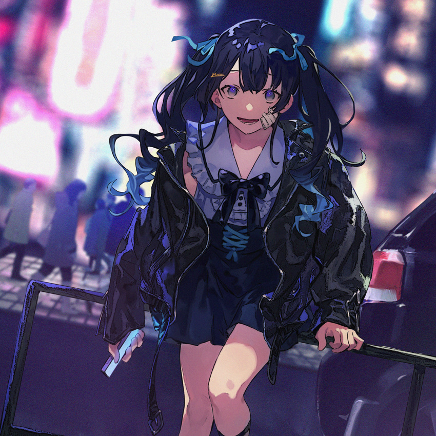 bandaid bandaid_on_face black_hair bow cellphone hair_ribbon highres jacket leaning_on_rail long_hair night nijisanji official_alternate_costume open_mouth phone ribbon skirt smartphone solo_focus soramame_(corndog) tsukino_mito twintails virtual_youtuber