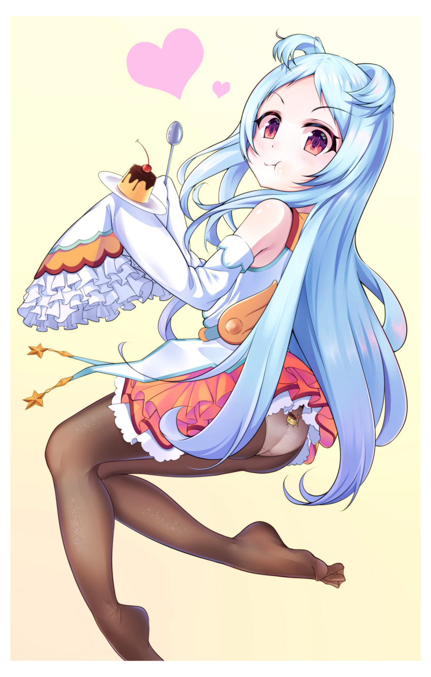 1girl ass bangs bare_shoulders black_legwear border cherry chinese_commentary closed_mouth detached_sleeves eyebrows_visible_through_hair feet food forehead frilled_skirt frilled_sleeves frills fruit full_body full_mouth heart highres holding holding_food holding_spoon light_blue_hair loli long_hair looking_back mikawa_sansen miyako_(princess_connect!) multicolored multicolored_eyes panties panties_under_pantyhose pantyhose parted_bangs pout princess_connect! pudding red_eyes see-through simple_background skirt solo spoon star_(symbol) toes two_side_up underwear v-shaped_eyebrows very_long_sleeves white_border white_panties yellow_background