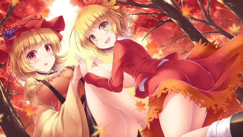 2girls :d :o aki_minoriko aki_shizuha autumn autumn_leaves bangs blonde_hair breasts commentary_request dutch_angle eyebrows_visible_through_hair food forest fruit grapes hair_ornament hat highres interlocked_fingers jacket large_breasts leaf_hair_ornament long_sleeves looking_at_viewer lzh mob_cap multiple_girls nature open_mouth red_eyes red_headwear red_jacket red_skirt shirt short_hair siblings sisters sitting skirt skirt_set smile touhou tree white_shirt yellow_eyes