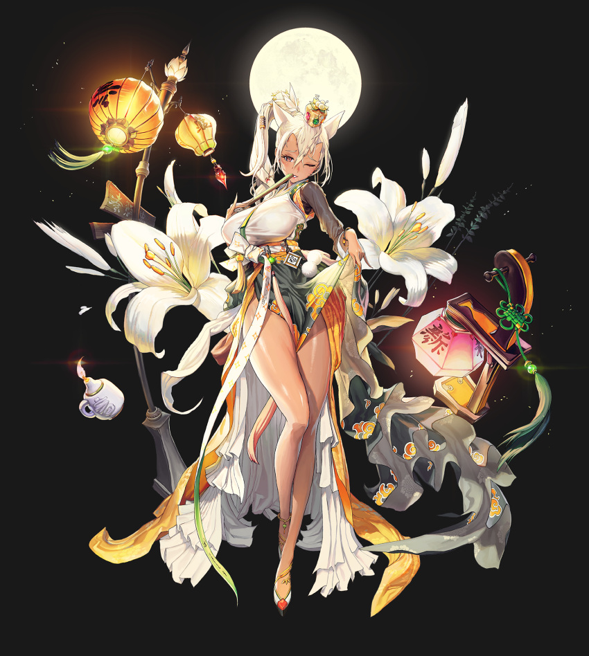 1girl animal_ears bangs belt black_background bracelet breasts brown_hair clothes_lift commentary commentary_request crown dark_skin destiny_child dress earrings flower full_body full_moon green_dress grin hair_between_eyes hand_fan high_ponytail highres holding holding_fan horns jewelry korean_clothes lantern large_breasts lifting lily_(flower) long_sleeves looking_at_viewer mona_(destiny_child) moon official_art one_eye_closed pom_pom_(clothes) ponytail punc_p ribbon shirt simple_background skirt skirt_lift smile solo standing white_dress white_flower white_hair white_lily white_ribbon yellow_dress