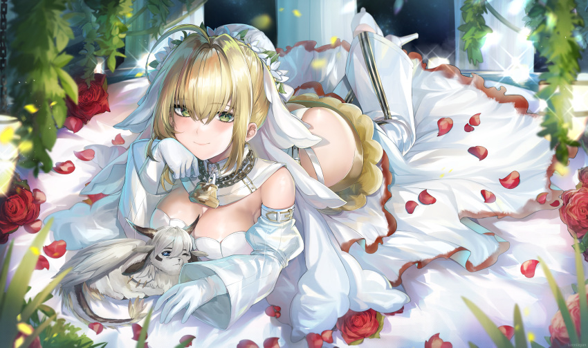 1girl absurdres ahoge bangs blonde_hair breasts bridal_veil chain closed_mouth commentary crossed_ankles detached_collar detached_sleeves eyebrows_visible_through_hair eyes_visible_through_hair fate/grand_order fate_(series) flower full_body gloves green_eyes hair_between_eyes hand_on_own_cheek hand_on_own_face head_rest high_heels highres kanniiepan large_breasts leotard lock long_sleeves looking_at_viewer lying nero_claudius_(bride)_(fate) nero_claudius_(fate) on_stomach padlock petals red_flower red_rose rose short_hair smile solo veil white_flower white_footwear white_gloves white_leotard wide_sleeves