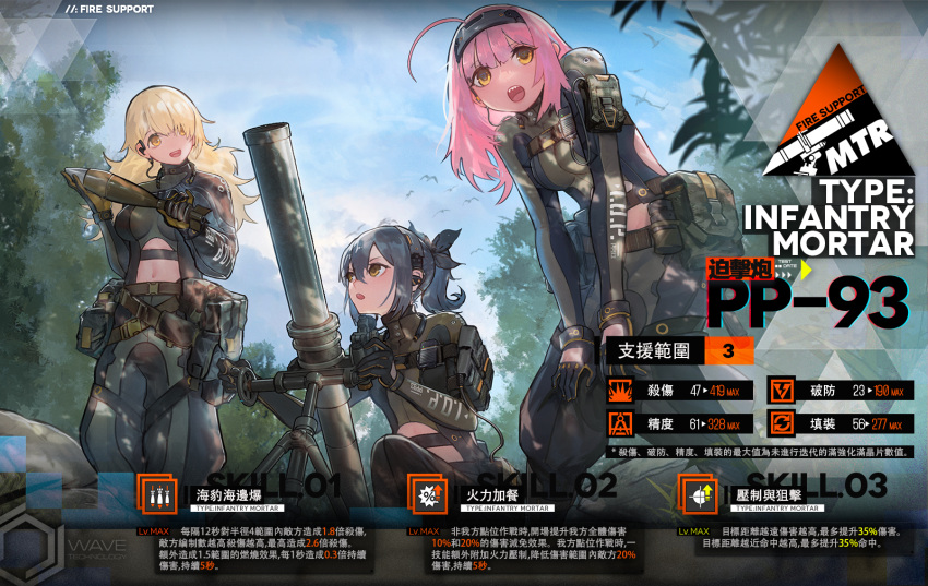 3girls ammunition artist_request belt bird black_gloves blonde_hair blue_hair blue_sky breasts brown_eyes character_name commentary_request eyebrows_visible_through_hair from_below girls_frontline gloves hair_ornament headphones highres holding long_hair looking_at_another looking_at_viewer medium_breasts medium_hair mortar_(weapon) multicolored_hair multiple_girls navel official_art open_mouth pink_hair pp-93_(girls'_frontline) side_ponytail sitting sky small_breasts smile standing tactical_clothes uniform weapon yellow_eyes