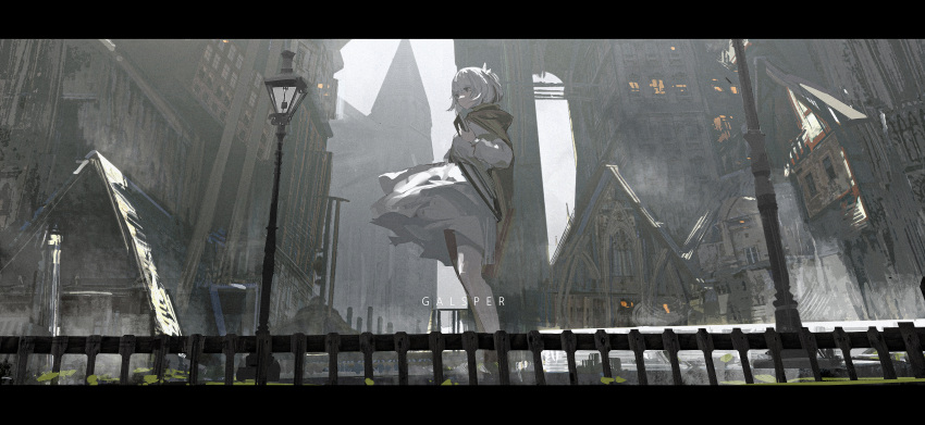 1girl absurdres alcxome bangs bob_cut book breasts brown_cloak building city cloak closed_mouth commentary dress fence fog grey_eyes hand_up highres holding holding_book lamppost letterboxed looking_afar looking_away medium_breasts original outdoors scenery short_hair solo standing white_dress white_hair wide_shot window