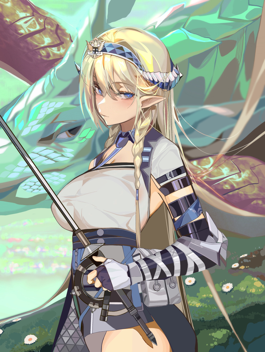 1girl absurdres arknights bangs black_gloves black_skirt blonde_hair blue_eyes blue_hairband blue_neckwear blush braid breasts closed_mouth cowboy_shot day dragon dragon_horns elbow_gloves elbow_pads emblem eyebrows_visible_through_hair gloves grey_shirt hairband high-waist_skirt highres holding holding_sword holding_weapon horns large_breasts long_hair looking_at_viewer necktie pointy_ears pouch saileach_(arknights) shirt skirt smile solo sword twin_braids underbust very_long_hair weapon
