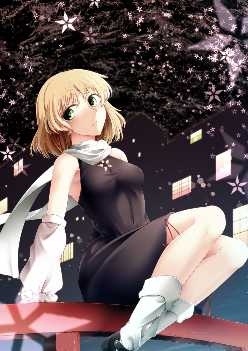 0-den 1girl absurdres bangs black_dress black_footwear blonde_hair breasts building closed_mouth commentary_request dress feet_out_of_frame floral_background green_eyes highres looking_to_the_side mary_janes medium_breasts mizuhashi_parsee pointy_ears railing scarf shoes short_hair sitting sleeveless sleeveless_dress socks solo touhou white_legwear white_scarf