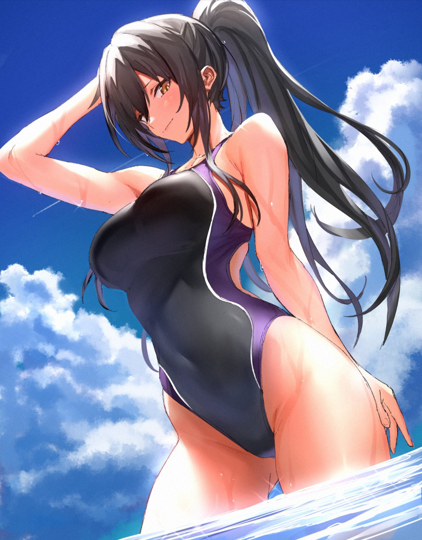 1girl black_hair blue_sky breasts clouds commentary_request day highres idolmaster idolmaster_shiny_colors large_breasts looking_at_viewer one-piece_swimsuit ponytail shirase_sakuya sky solo swimsuit thighs ulrich_(tagaragakuin) wet