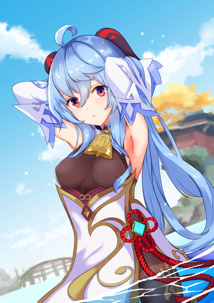 absurdres ahoge amaneko_(amaneko_y) armpits arms_behind_head arms_up bangs bell blue_hair breasts chinese_knot cowboy_shot curled_horns detached_sleeves ganyu_(genshin_impact) genshin_impact gold_trim highres horns long_hair looking_at_viewer medium_breasts multicolored multicolored_eyes neck_bell outdoors sidelocks thighlet very_long_hair vision_(genshin_impact) white_sleeves