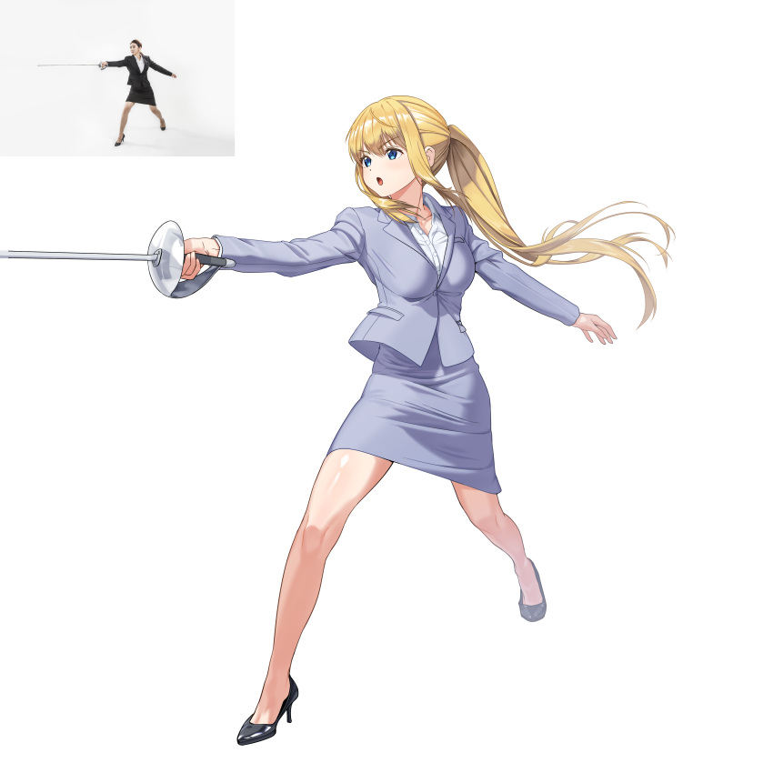 1girl :o absurdres blazer blonde_hair blue_eyes breasts character_sheet collared_shirt dress_shirt eyebrows_visible_through_hair fencing full_body hair_between_eyes high_heels highres holding holding_weapon jacket large_breasts loafers long_hair looking_away luts office_lady open_mouth original pencil_skirt ponytail reference_photo shiny shiny_skin shirt shoes sidelocks simple_background skirt solo stance standing sword weapon white_background white_shirt