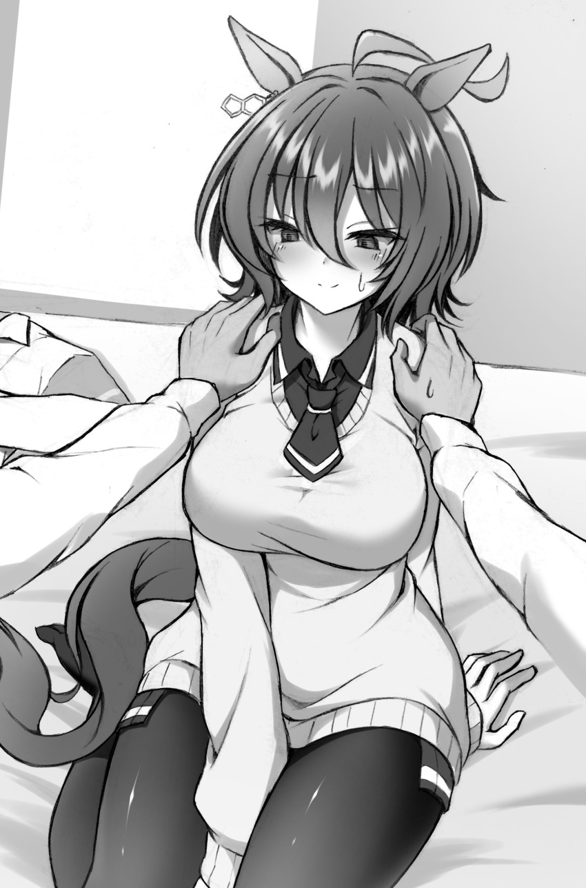 1boy 1girl absurdres agnes_tachyon_(umamusume) ahoge animal_ears blush breasts commentary_request earrings greyscale hair_between_eyes hands_on_another's_shoulders hetero highres horse_ears horse_girl horse_tail jewelry large_breasts looking_at_viewer monochrome necktie nonexistent_memories_(jujutsu_kaisen) on_bed pantyhose pov pov_hands ryochapu short_hair short_necktie single_earring sitting sitting_on_bed smile solo_focus sweatdrop sweater tail umamusume