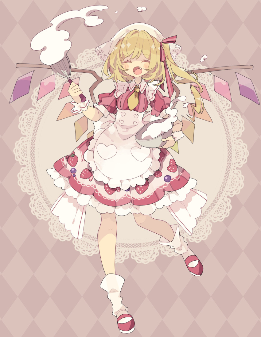 1girl absurdres apron argyle argyle_background blonde_hair closed_eyes cooking crystal dress fang flandre_scarlet food_print full_body hair_ribbon head_scarf heart highres holding long_hair mixing_bowl necktie nikorashi-ka one_side_up open_mouth red_dress red_footwear red_ribbon ribbon shoes short_necktie short_sleeves socks solo strawberry_print striped striped_dress touhou whisk white_headwear white_legwear wings wrist_cuffs yellow_neckwear