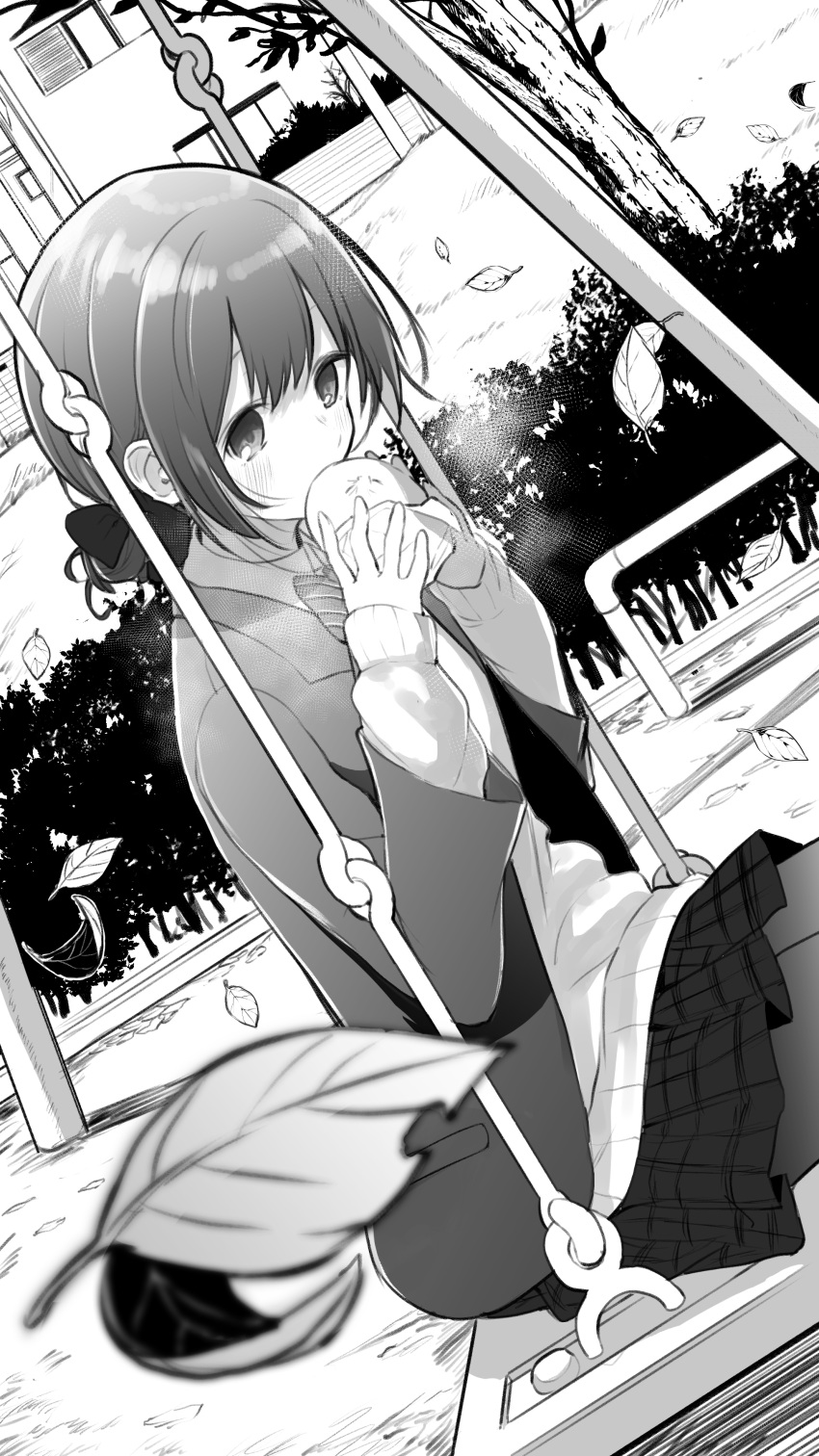 1girl absurdres black_legwear blazer blurry blurry_foreground bow bowtie cowboy_shot depth_of_field dumpling dutch_angle eating falling_leaves folded_ponytail food greyscale highres holding holding_food idolmaster idolmaster_shiny_colors inui/byte jacket leaf long_sleeves looking_away monochrome morino_rinze outdoors pantyhose plaid plaid_skirt playground school_uniform sitting skirt solo sweater swing