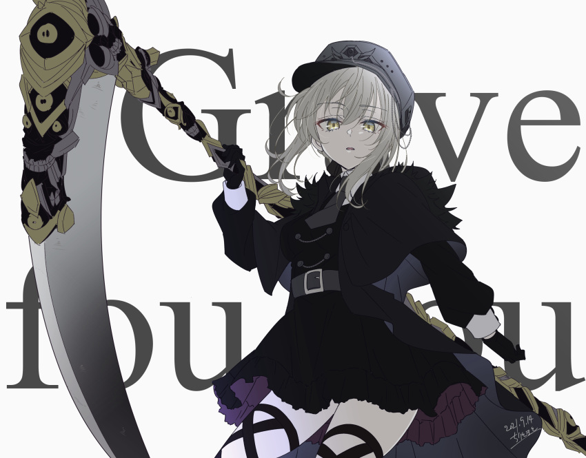 1girl add_(fate) alternate_costume bangs belt belt_buckle black_capelet black_dress black_gloves black_headwear breasts buckle cabbie_hat capelet chiri_to_mato commentary_request dated dress english_text eyebrows_visible_through_hair fate_(series) gloves gray_(fate) grey_belt grey_hair grey_neckwear hair_between_eyes hat highres holding holding_scythe holding_weapon long_sleeves looking_at_viewer lord_el-melloi_ii_case_files medium_breasts necktie parted_lips scythe sidelocks signature thighs weapon white_background yellow_eyes