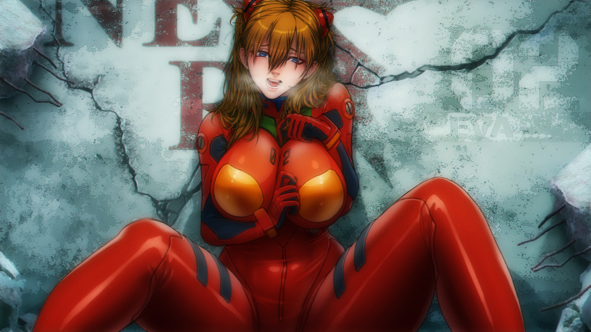 1girl blue_eyes bodysuit breasts hairpods highres interface_headset k19 large_breasts long_hair neon_genesis_evangelion orange_hair pilot_suit plugsuit red_bodysuit solo souryuu_asuka_langley spread_legs