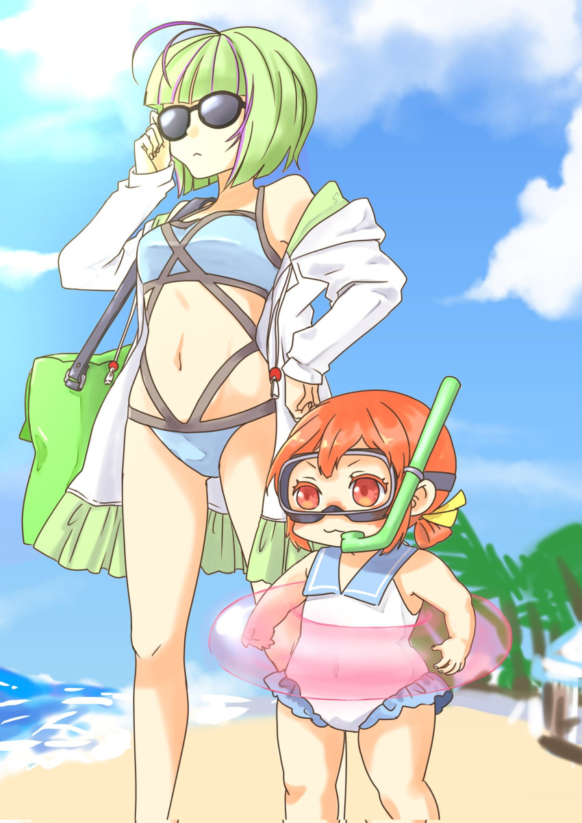 2girls :&lt; :3 antenna_hair bag beach bikini blue_bikini breasts closed_mouth clouds day diving_mask goggles green_hair hair_ribbon hand_on_hip highres innertube jacket kaiboukan_no._4_(kancolle) kantai_collection long_sleeves mocchi_(mocchichani) multicolored_hair multiple_girls one-piece_swimsuit orange_eyes orange_hair outdoors purple_hair ribbon short_hair sky small_breasts snorkel streaked_hair sunglasses swimsuit take_(kancolle) water white_jacket