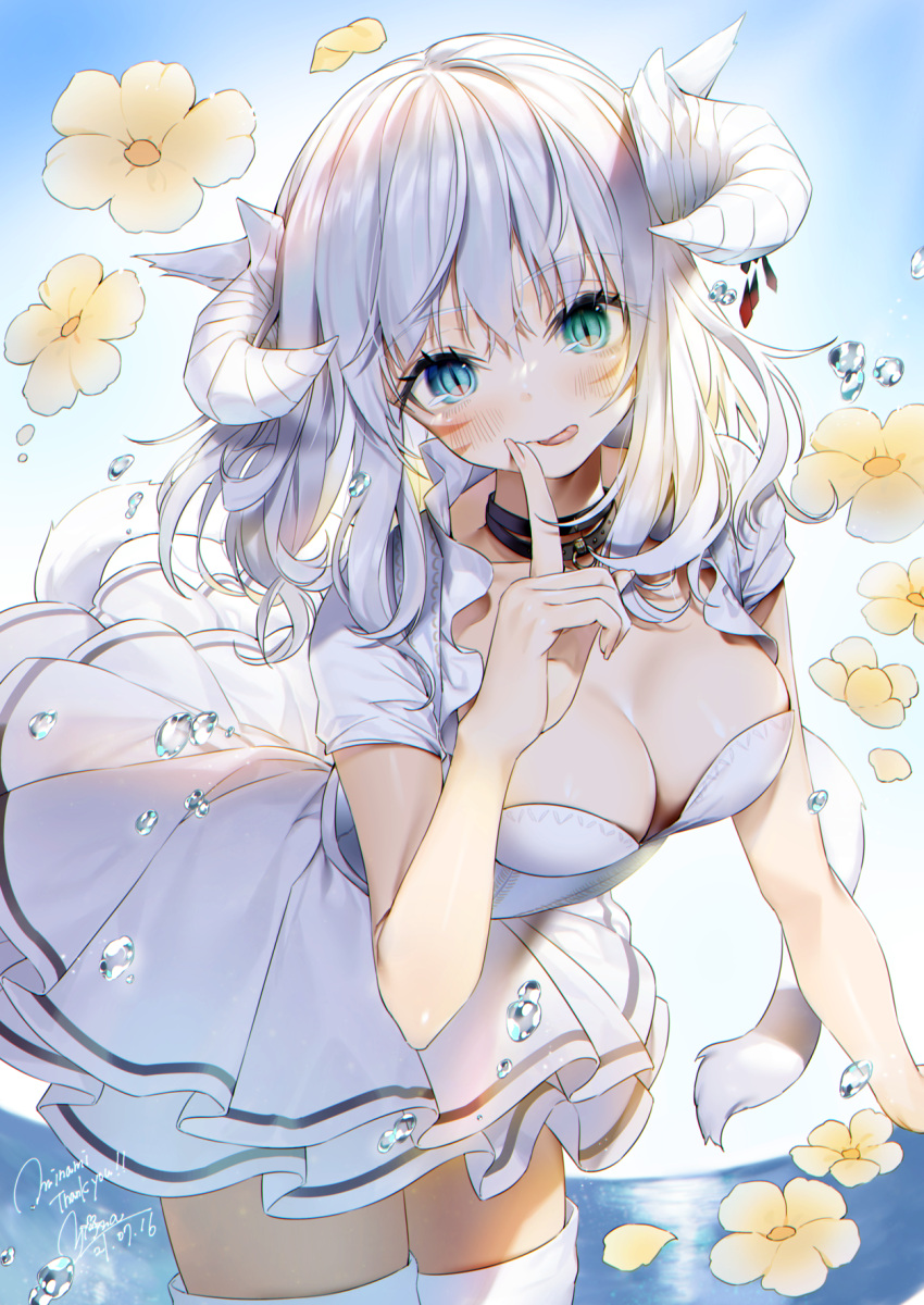 1girl animal_ears blue_eyes boots breasts cat_ears cat_tail choker dated facial_mark final_fantasy final_fantasy_xiv finger_to_mouth flower heterochromia highres horns leaning_forward long_hair looking_at_viewer medium_breasts miqo'te scoop_neck skirt slit_pupils solo tail thigh-highs thigh_boots whisker_markings white_hair yana_mori