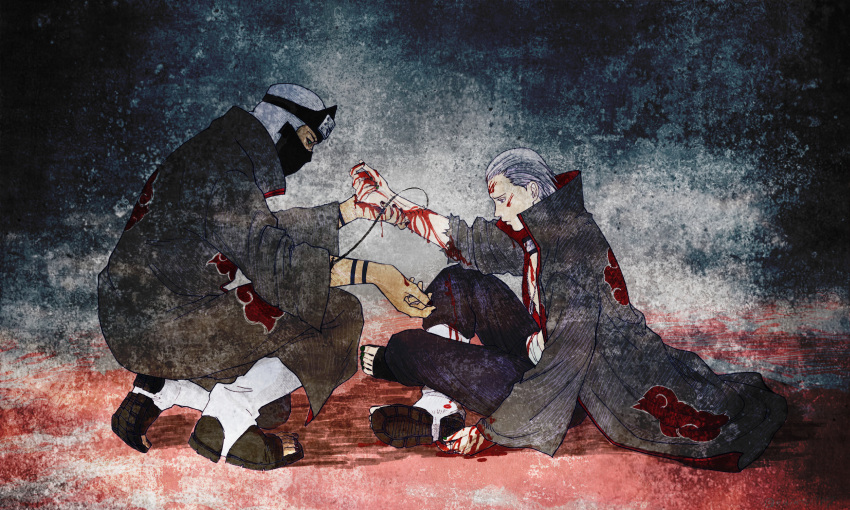 2boys absurdres akatsuki_(naruto) akatsuki_uniform blood cuts dark-skinned_male dark_skin forehead_protector hair_slicked_back hidan_(naruto) highres injury kakuzu_(naruto) long_sleeves mask mouth_mask multiple_boys naruto naruto_(series) ninja ninja_mask quintal187 sandals sewing short_hair silver_hair sitting thread wide_sleeves