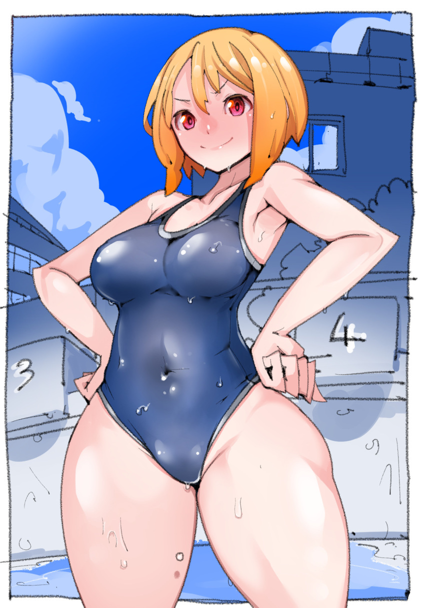 1girl armpits blonde_hair blue_sky copyright_request covered_navel empty_pool hairband hands_on_hips highres one-piece_swimsuit original pool sky starting_block swimsuit takayama_toshinori thick_thighs thighs toned wet wet_clothes