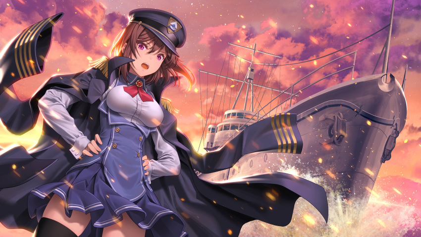 1girl bangs breasts brown_hair doumyouji_cocoa dutch_angle hair_between_eyes hands_on_hips hat highres jacket jacket_on_shoulders long_hair looking_at_viewer medium_breasts pinakes pleated_skirt red_eyes riot_music school_uniform ship skirt solo thigh-highs virtual_youtuber watercraft