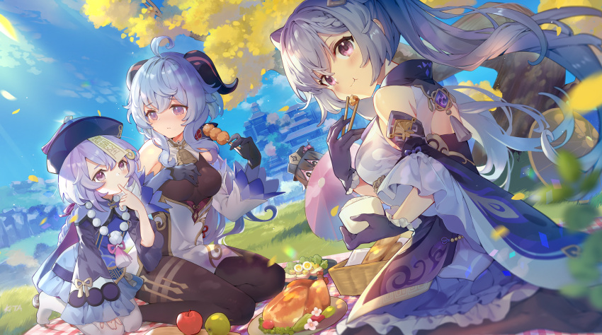 4girls ahoge apple bare_shoulders basket bead_necklace beads bird black_gloves black_headwear black_legwear blue_hair blue_sky brown_hair chicken day double_bun dress eating egg elise_(piclic) finger_to_mouth food frilled_dress frilled_sleeves frills fruit ganyu_(genshin_impact) genshin_impact gloves grass hand_on_own_chest hat highres horns jewelry jiangshi keqing_(genshin_impact) long_sleeves looking_at_viewer multiple_girls nature necklace outdoors pantyhose peeking_out picnic purple_gloves purple_hair qiqi_(genshin_impact) red_eyes scenery sky tree twintails violet_eyes wide_sleeves