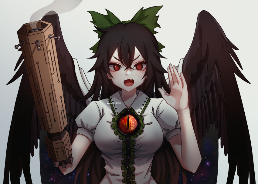 1girl anies_kouhai arm_cannon bangs bird_wings black_hair black_wings blouse bow breasts buttons cape collared_blouse commentary commission control_rod fang green_bow gun hair_between_eyes hair_bow highres large_breasts long_hair looking_at_viewer open_mouth puffy_short_sleeves puffy_sleeves red_eyes reiuji_utsuho short_sleeves simple_background smoke smoking_gun solo starry_sky_print third_eye touhou upper_body weapon white_background white_blouse white_cape wings