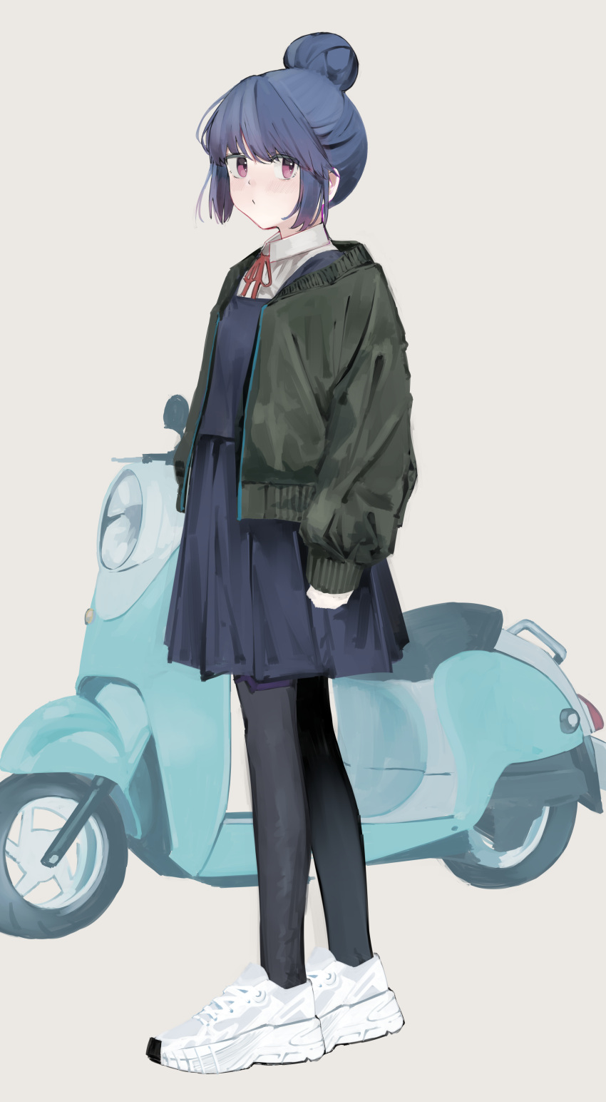 1girl absurdres black_dress black_pantyhose blue_hair closed_mouth dress green_jacket grey_background hair_bun highres jacket leadin_the_sky motor_vehicle motorcycle open_clothes open_jacket pantyhose pinafore_dress shima_rin shirt shoes short_hair simple_background sleeveless sleeveless_dress sleeves_past_wrists solo violet_eyes white_footwear white_shirt yurucamp