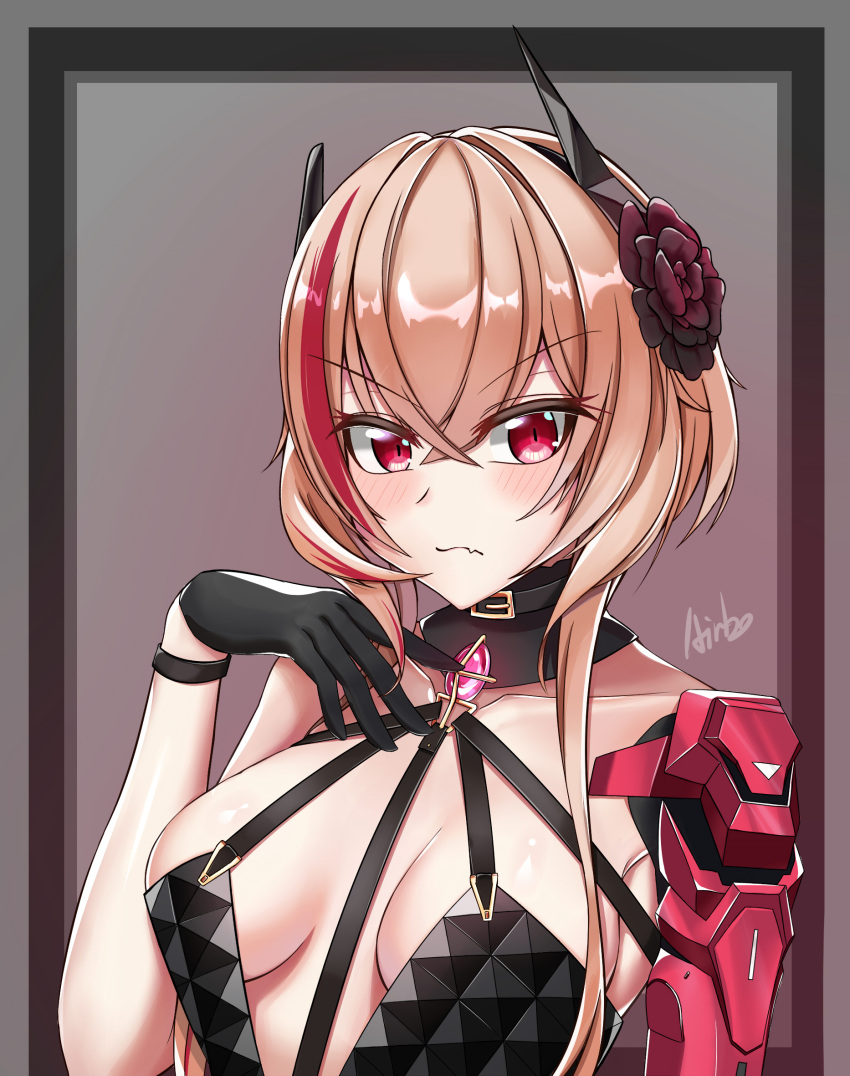1girl airbo artist_name black_dress black_gloves blonde_hair blush breasts closed_mouth collarbone dress eyebrows_visible_through_hair flower girls_frontline gloves hair_flower hair_ornament hand_up highres long_hair looking_at_viewer m4_sopmod_ii_(girls'_frontline) mechanical_arms medium_breasts multicolored_hair red_eyes simple_background single_mechanical_arm solo upper_body