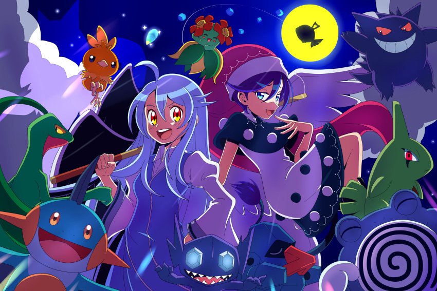 2girls :d absurdres asatsuki_(fgfff) bangs bellossom blue_eyes character_request commentary_request dress feebas gengar grovyle hand_up hat highres holding larvitar long_hair long_sleeves marshtomp moon multiple_girls night nosepass open_mouth outdoors pokemon pokemon_(creature) poliwhirl purple_shirt sableye shirt sky smile tongue torchic